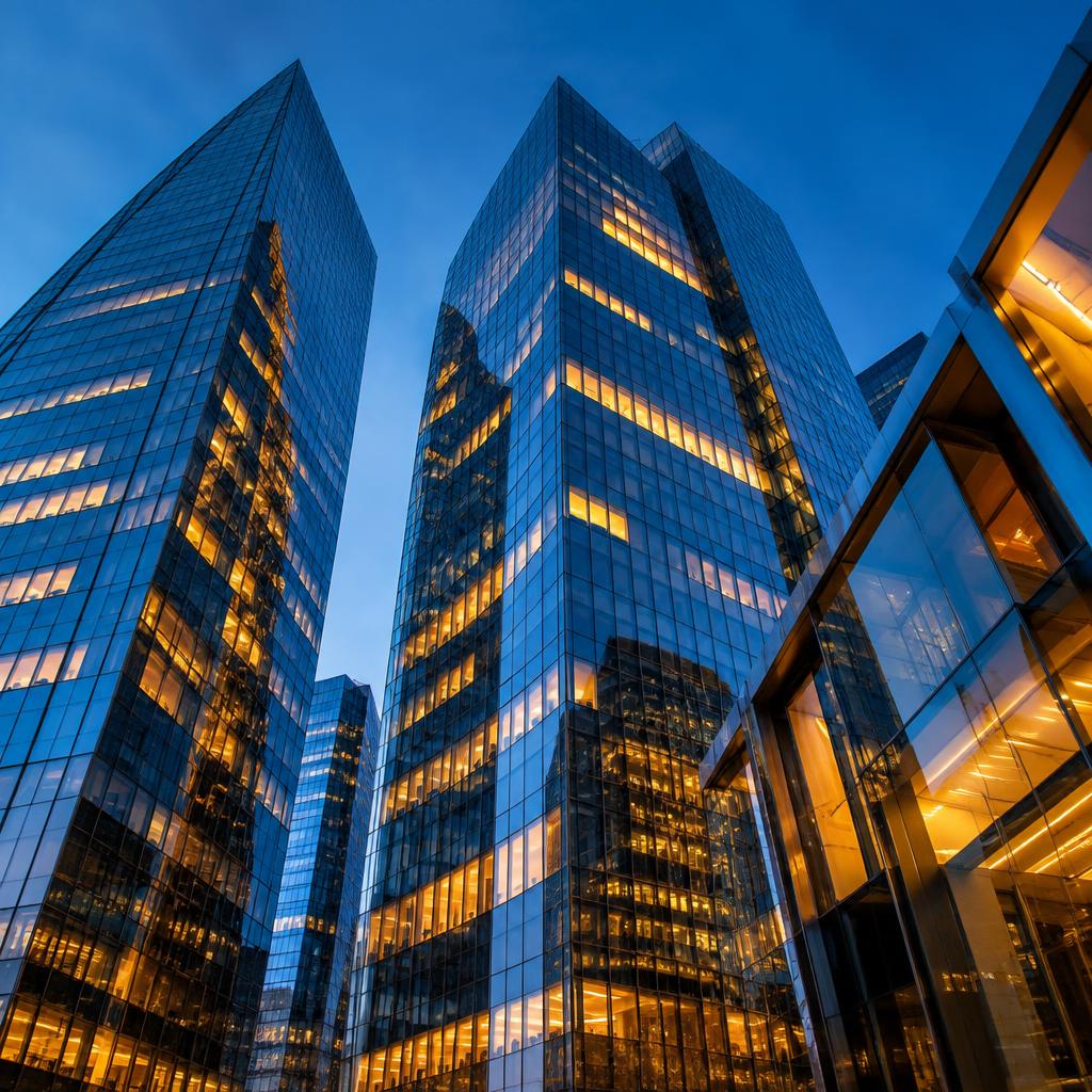 Modern glass towers at dusk